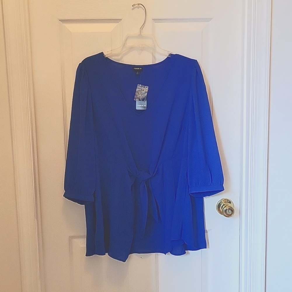 Royal blue tie front blouse